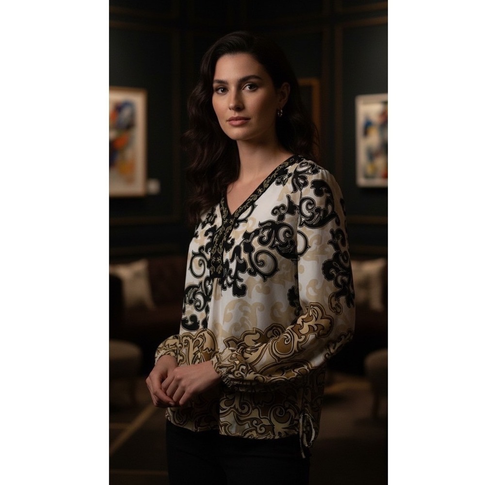 JM Collection Blouse Women 14 Top Flowy Embroidered Trim Side Ties Colorful - Picture 1 of 9